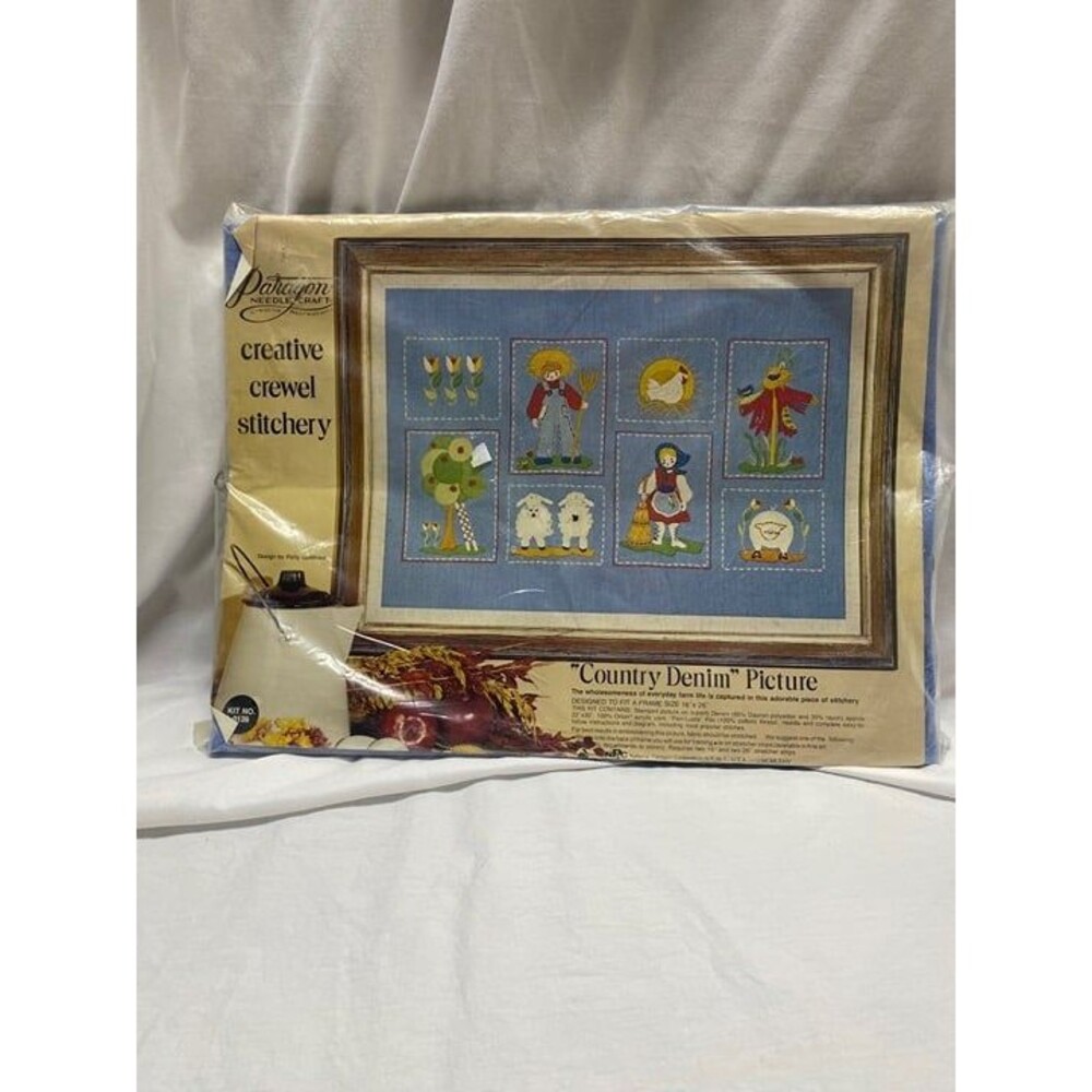 * vintage 1974 Paragon Needlecraft "Country Denim" Creative Crewel Stitchery Kit